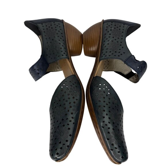 Rieker Antistress LaserCut Blue Leather Comfort Mary Jane Heels Velcro Strap Sz9 - Picture 9 of 11